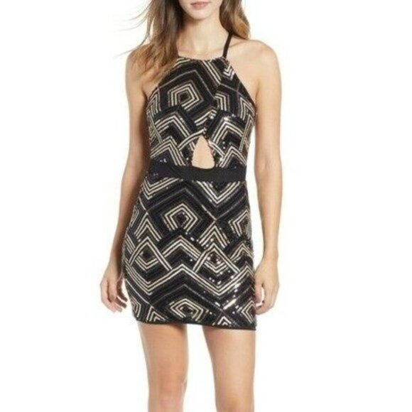 Leith Sequin Cutout Halter Minidress - Picture 1 of 5